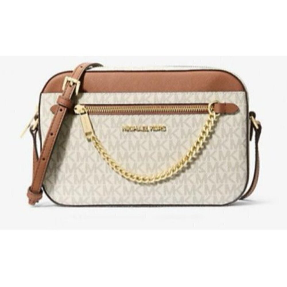 Michael Kors Logo Womens Tan Brown Jet Set Large Logo Crossbody Handbags New